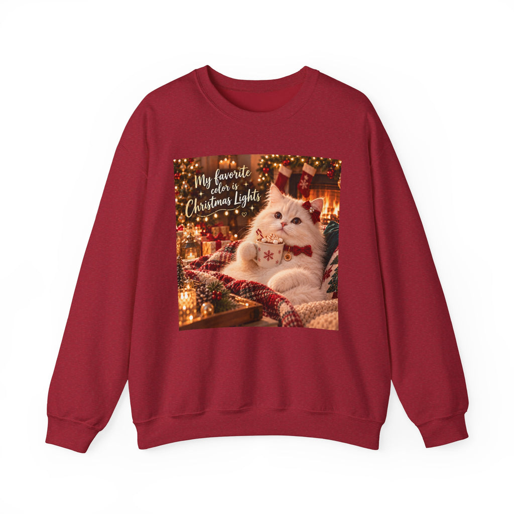 Christmas Cat Sweatshirt - "My Favorite Color is Christmas Lights" Cozy Holiday Crewneck