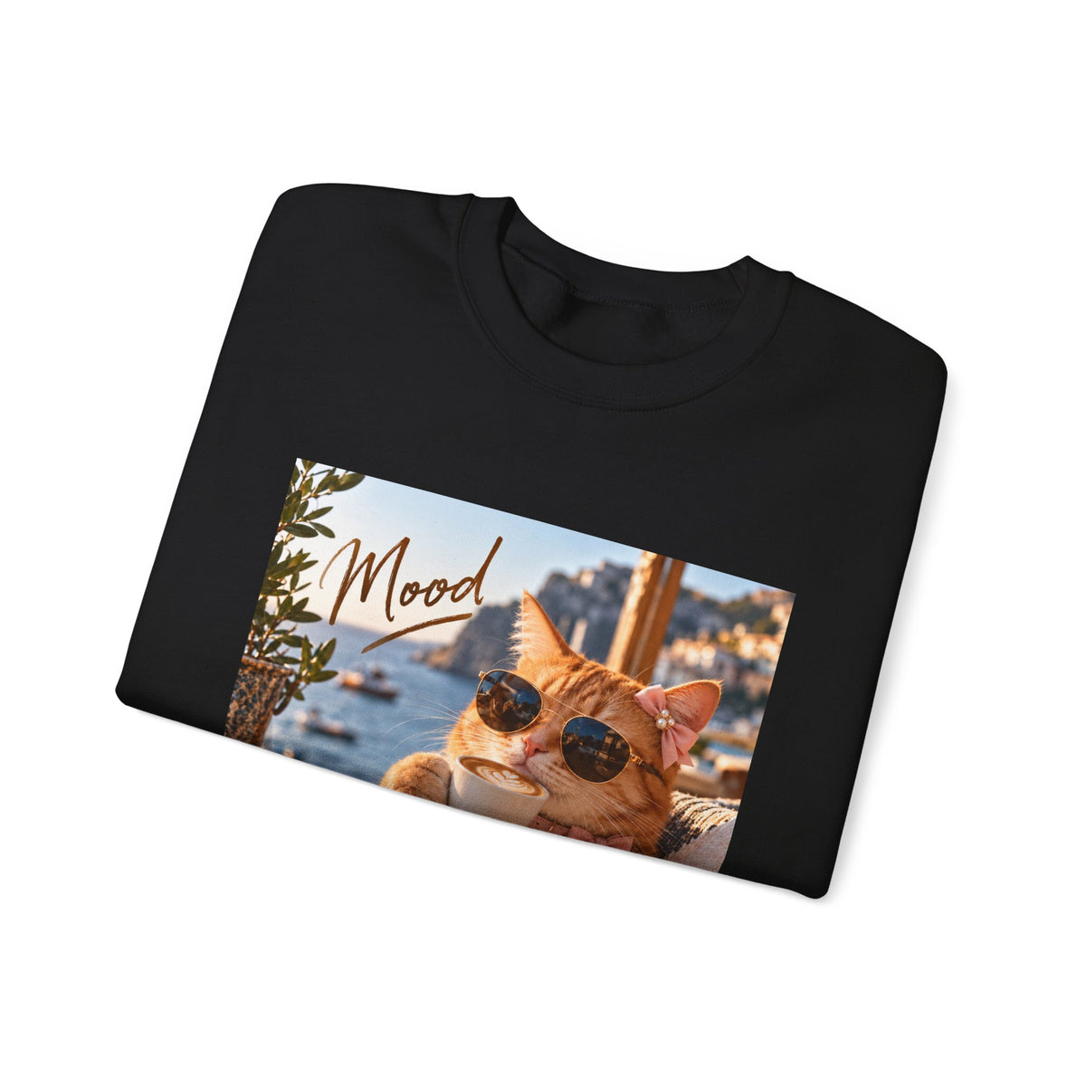 Cat 'Mood' Crewneck Sweatshirt — Relaxed Cat Coffee Vibe