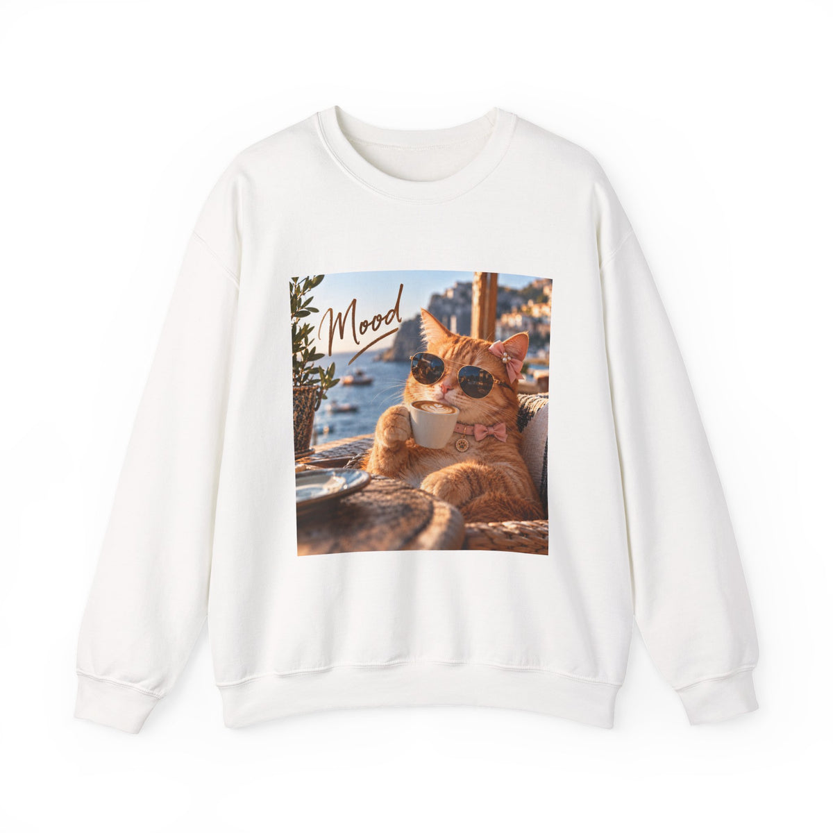 Cat 'Mood' Crewneck Sweatshirt — Relaxed Cat Coffee Vibe