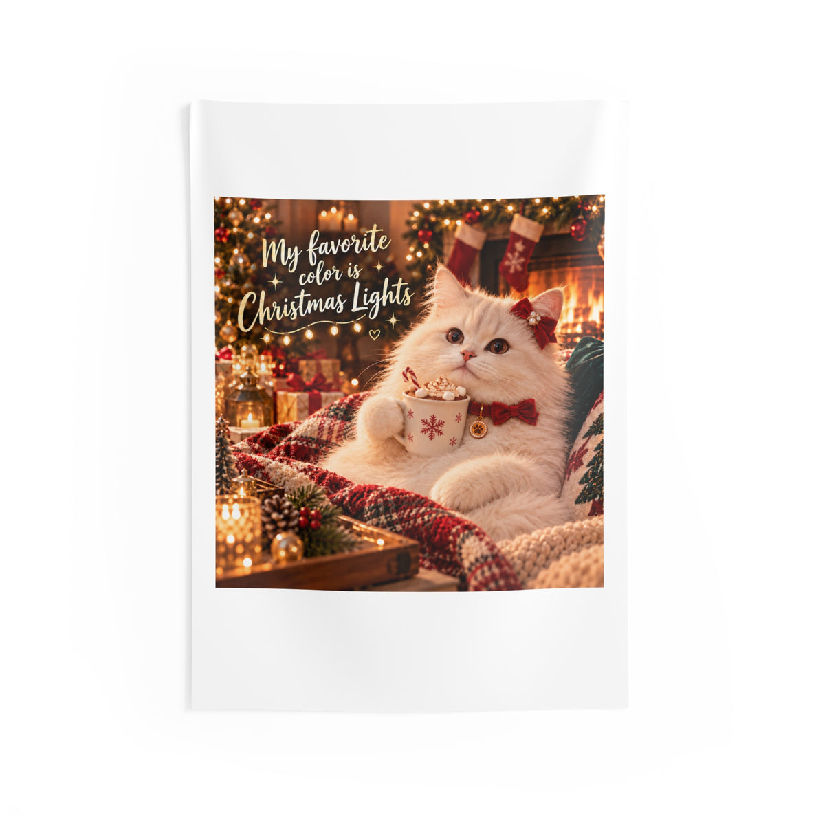 Christmas Cat Tapestry — "My Favorite Color is Christmas Lights" Holiday Wall Decor