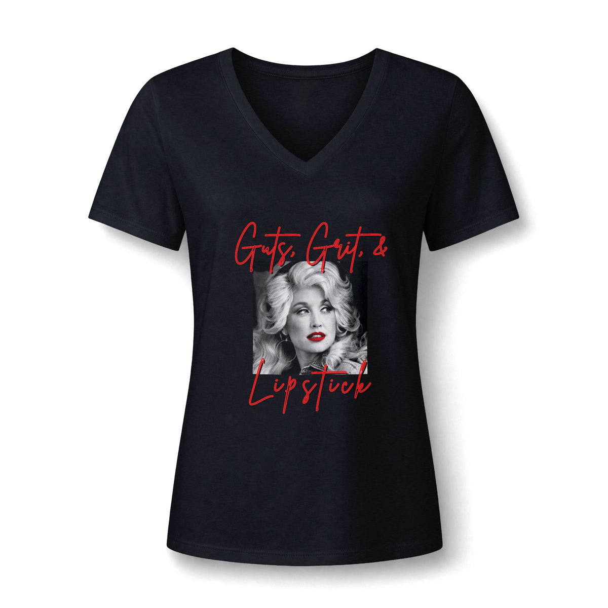 Women's V-Neck Tee — 'Guts, Grit & Lipstick' Dolly Portrait Graphic
