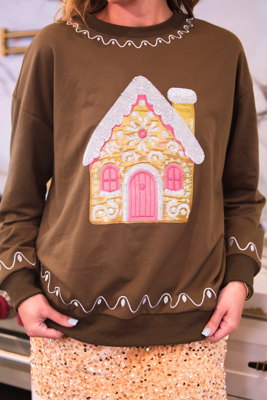 Foil Gingerbread House Pullover