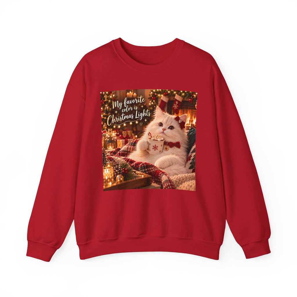 Christmas Cat Sweatshirt - "My Favorite Color is Christmas Lights" Cozy Holiday Crewneck