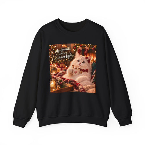 Christmas Cat Sweatshirt - "My Favorite Color is Christmas Lights" Cozy Holiday Crewneck