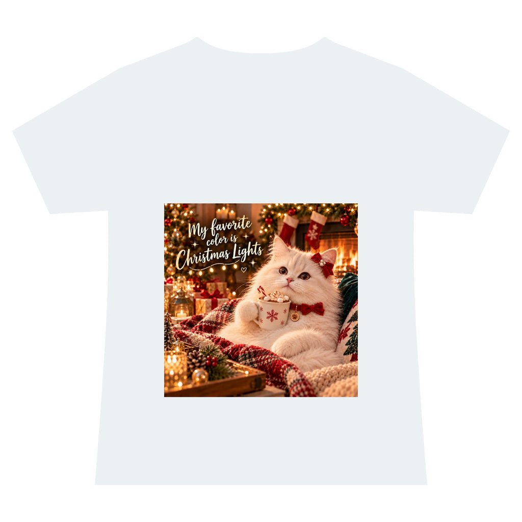 Christmas Cat V-Neck Tee — "My Favorite Color is Christmas Lights" Holiday Shirt