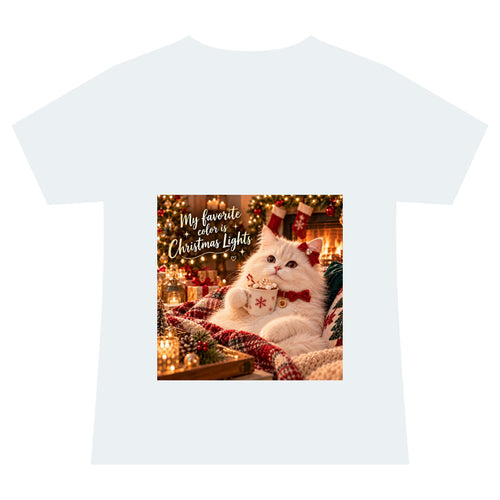 Christmas Cat V-Neck Tee — "My Favorite Color is Christmas Lights" Holiday Shirt