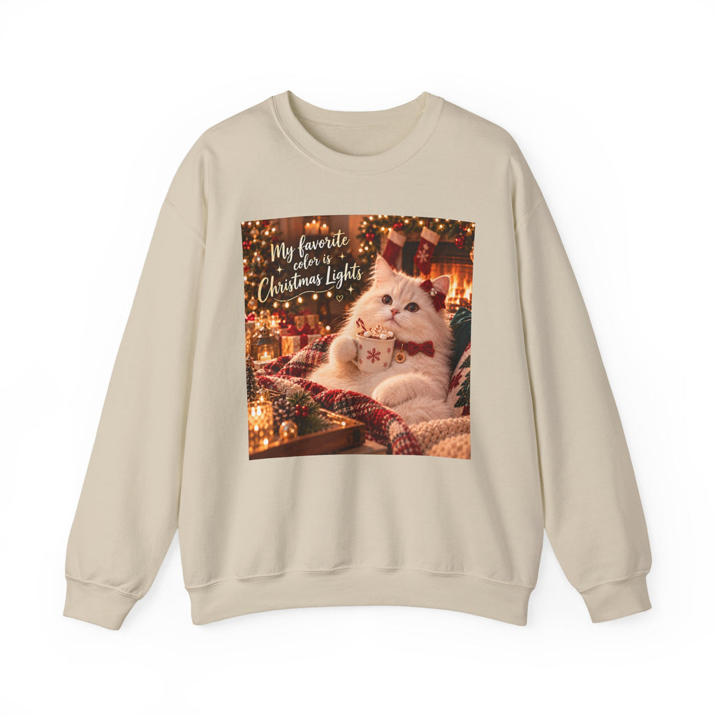 Christmas Cat Sweatshirt - "My Favorite Color is Christmas Lights" Cozy Holiday Crewneck
