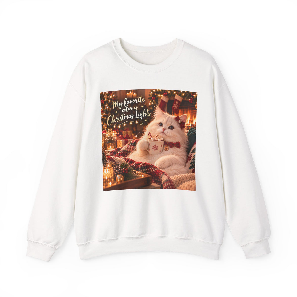 Christmas Cat Sweatshirt - "My Favorite Color is Christmas Lights" Cozy Holiday Crewneck