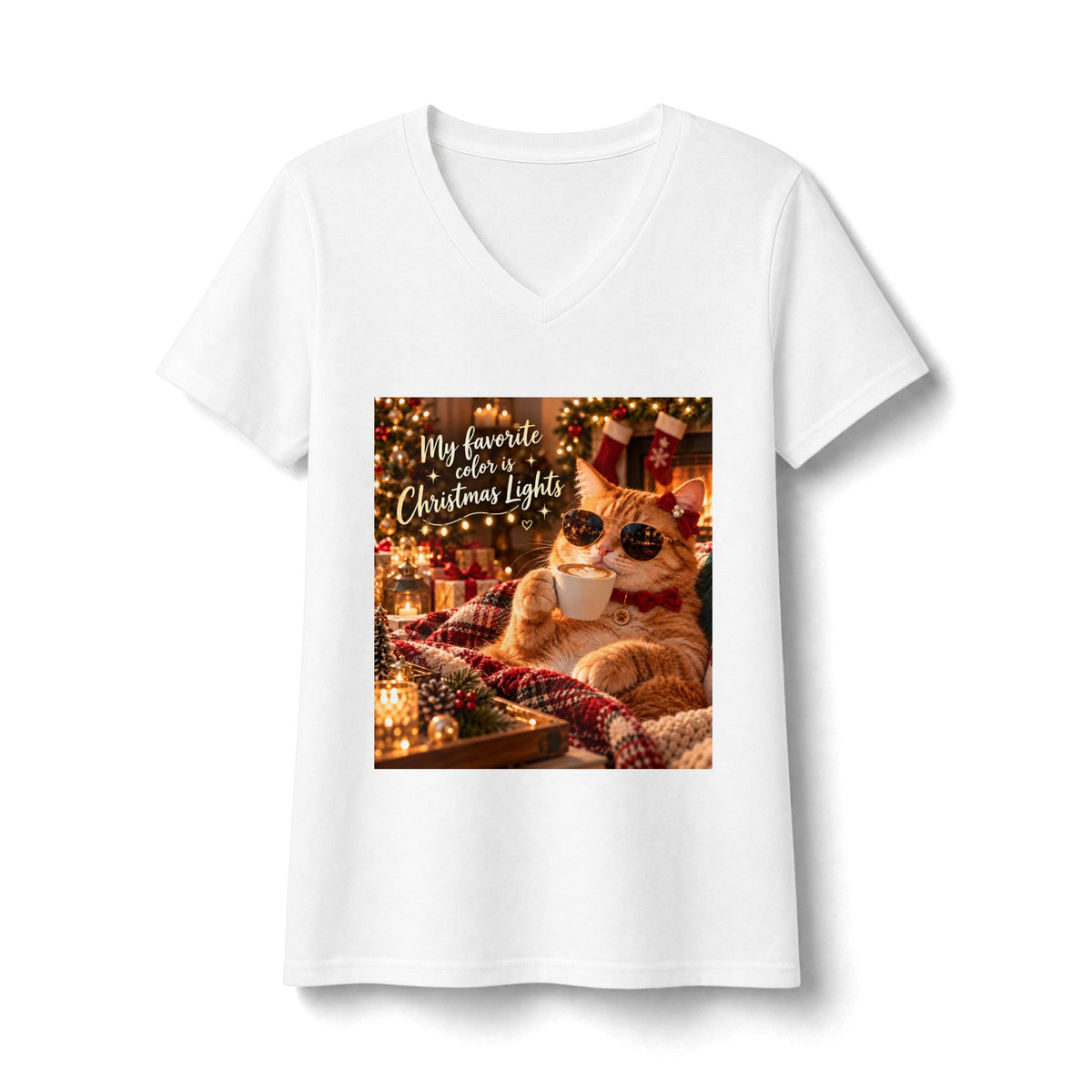 Christmas Cat V-Neck Tee – “My Favorite Color Is Christmas Lights” Holiday Shirt
