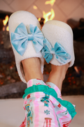 Cozy Bow Slippers- White/Aqua