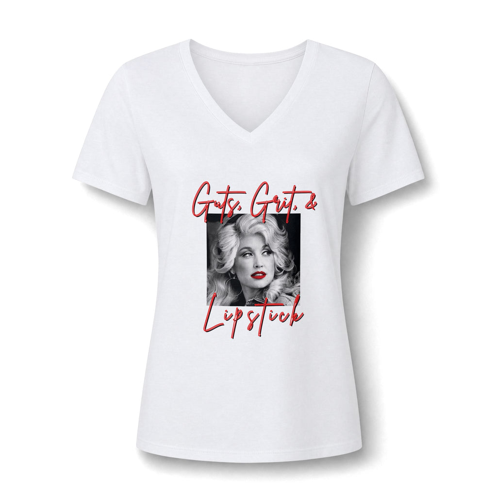 Women's V-Neck Tee — 'Guts, Grit & Lipstick' Dolly Portrait Graphic