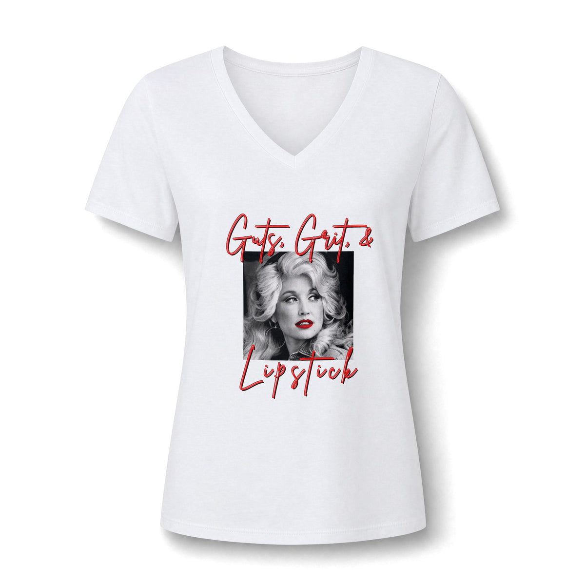 Women's V-Neck Tee — 'Guts, Grit & Lipstick' Dolly Portrait Graphic