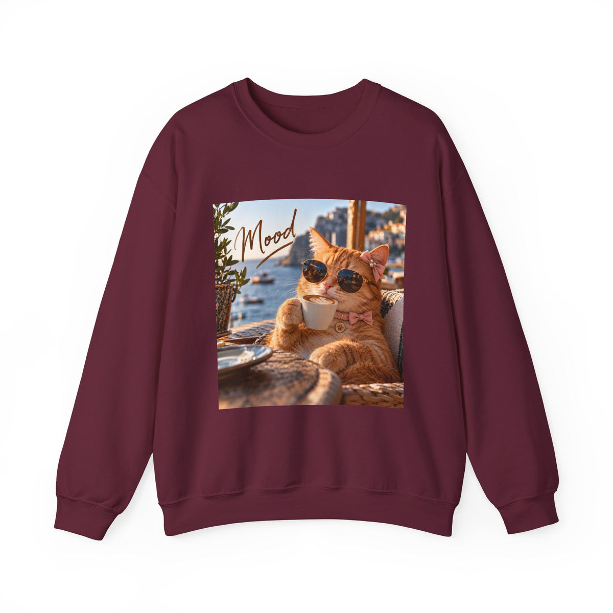 Cat 'Mood' Crewneck Sweatshirt — Relaxed Cat Coffee Vibe