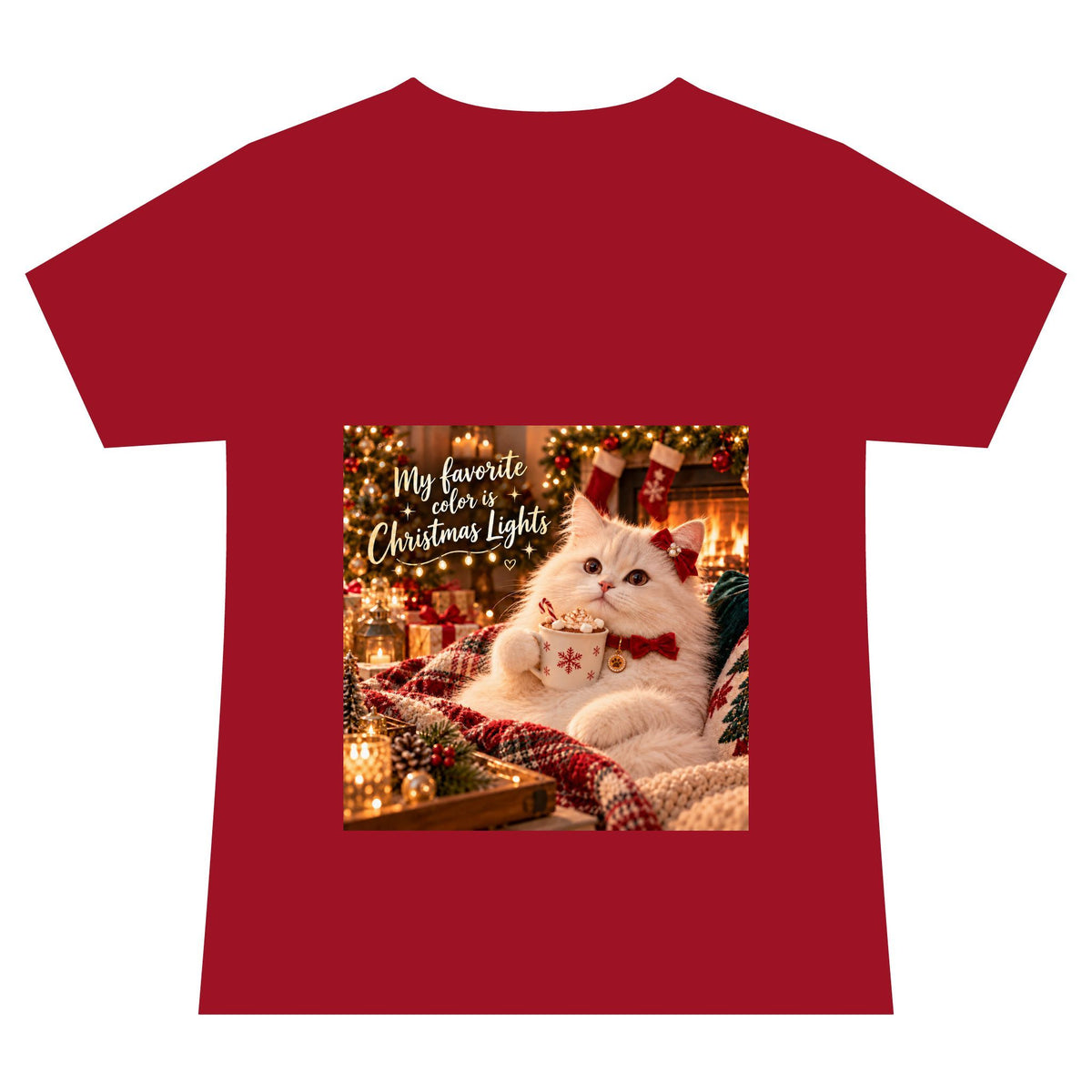 Christmas Cat V-Neck Tee — "My Favorite Color is Christmas Lights" Holiday Shirt