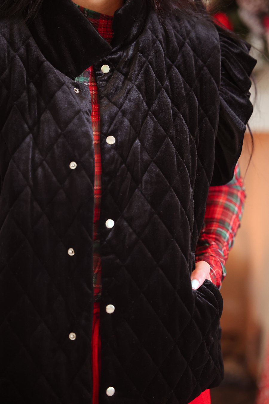 Velvet Quilted Vest- Black