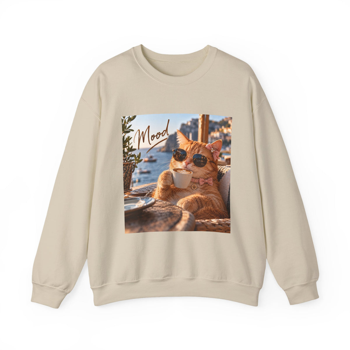 Cat 'Mood' Crewneck Sweatshirt — Relaxed Cat Coffee Vibe