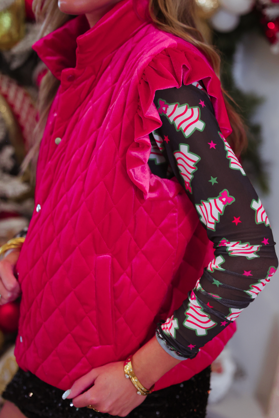 Velvet Quilted Vest- Pink
