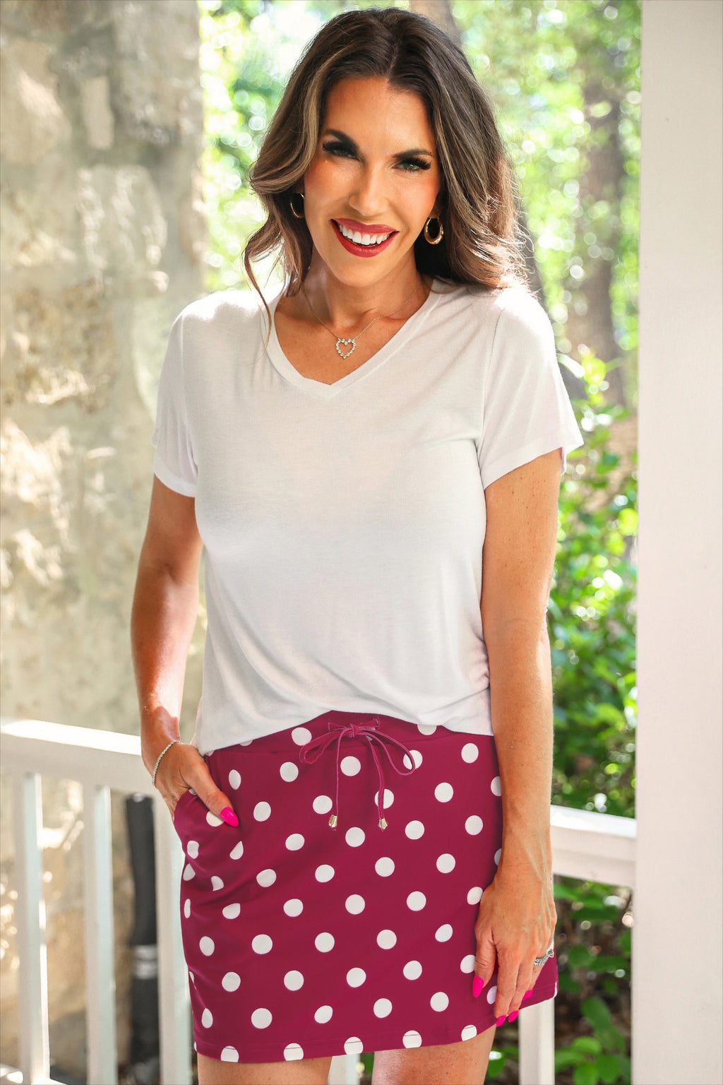 PREORDER- Burgundy Polka Dot Skort