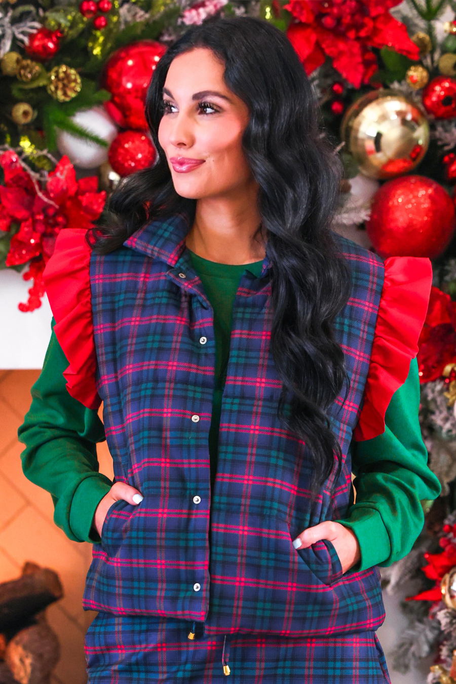 Navy Christmas Plaid Puffer Vest