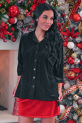 Prim Button Up Velvet Top- Black