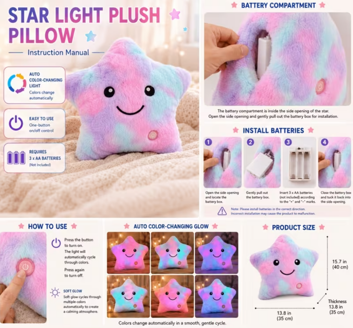 Color-Changing Star Plush Light Up Pillow